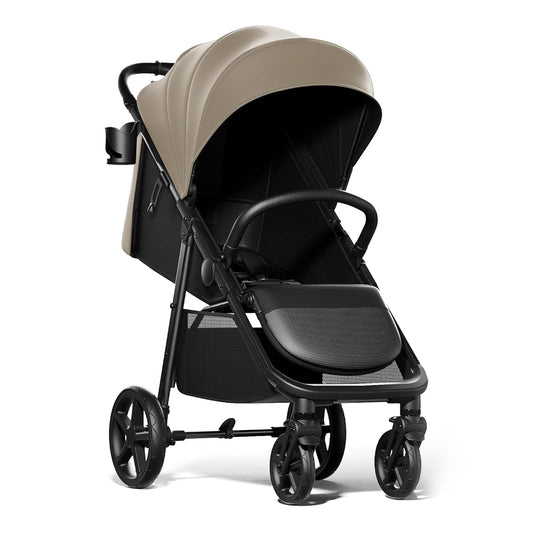 Mompush Nova Baby Stroller for Toddler, Infant & Newborn | Spacious Seat & Lie-Flat Mode | Compact One-Hand Fold, UPF 50+ Canopy & All-Wheel Suspension | Includes Rain Cover & Cup Holder, Khaki