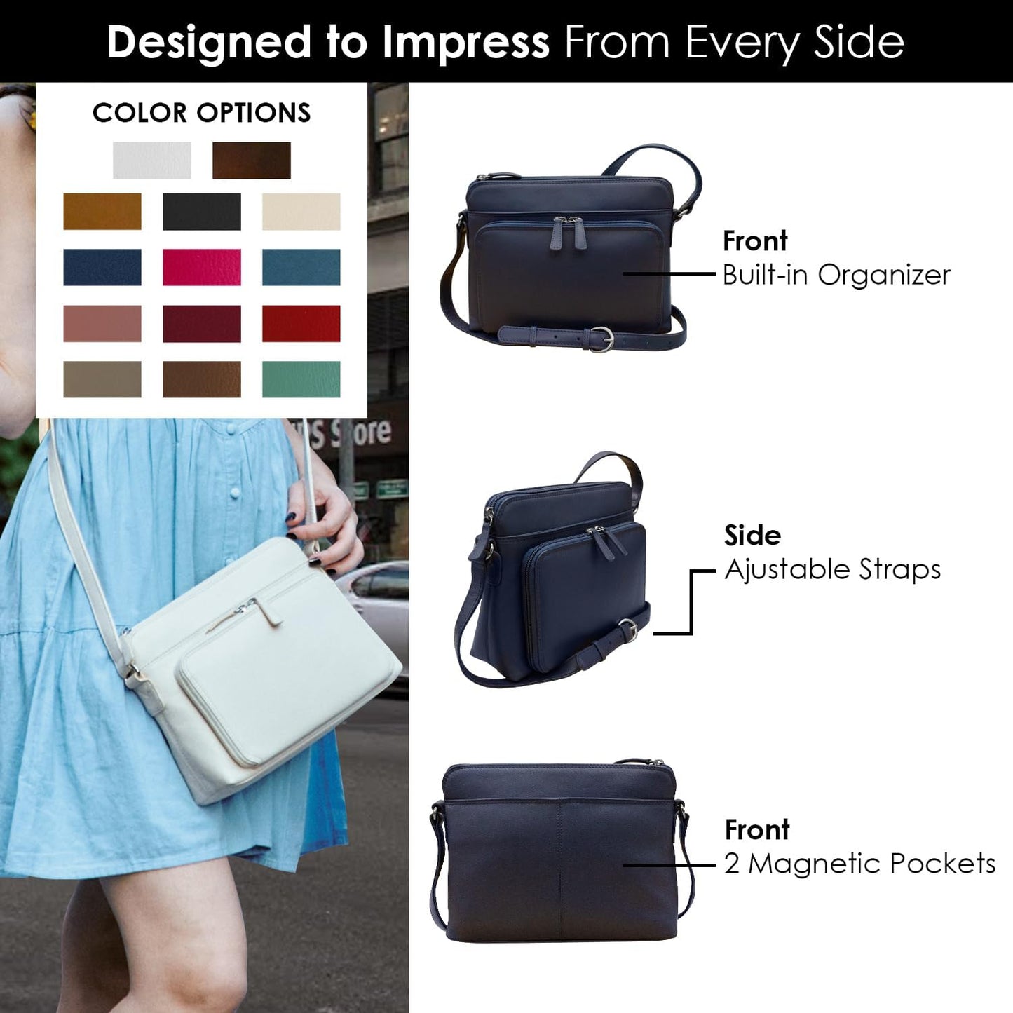 ili New York Genuine Leather Crossbody Bags for Women - Premium RFID Blocking Shoulder Bag Organizer with Adjustable Strap