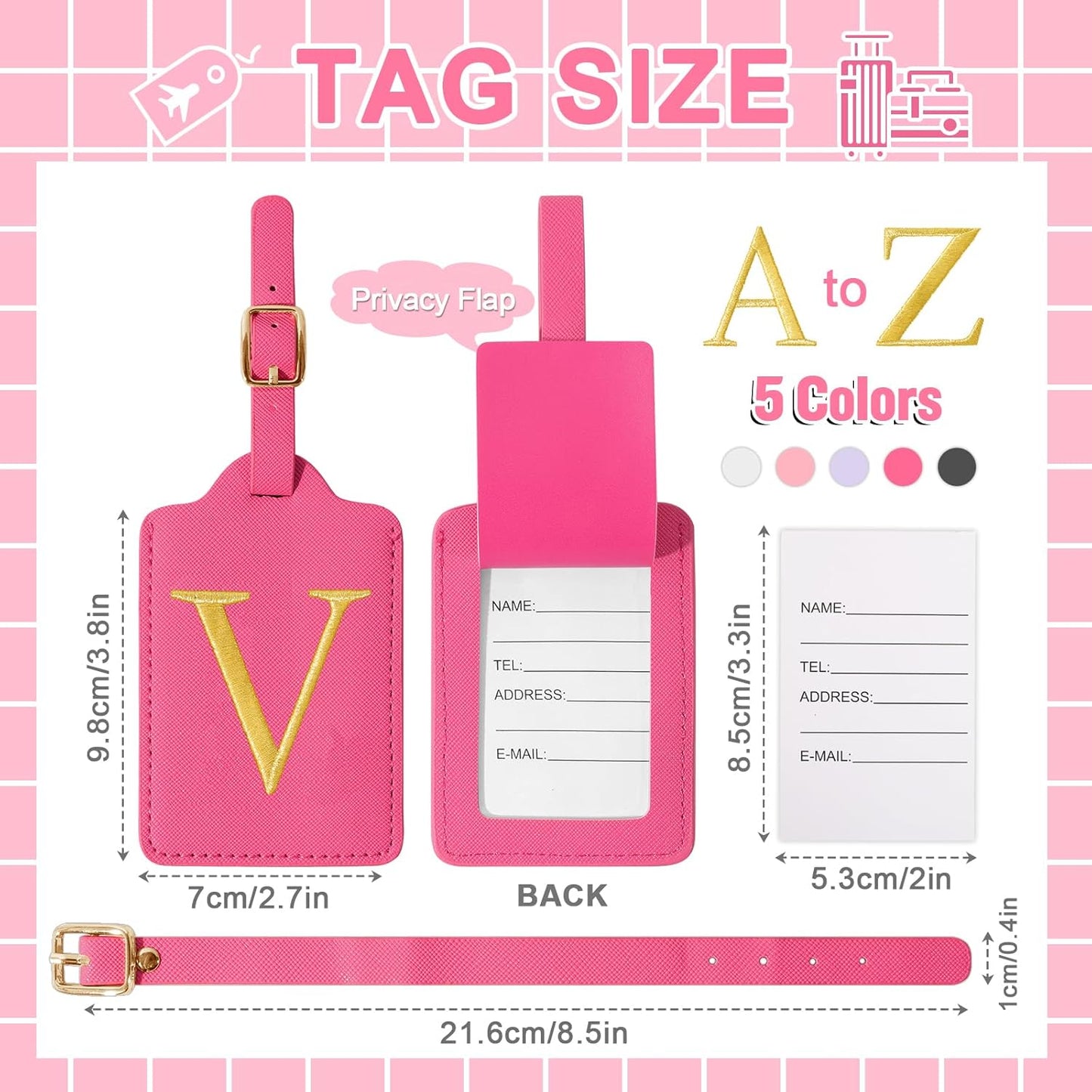 Rose Red Personalized Initial Leather Luggage Tags with Privacy Cover Name Card, Custom Monogram Embroidered Cute Travel Backpack Tag Gifts for Women & Kids