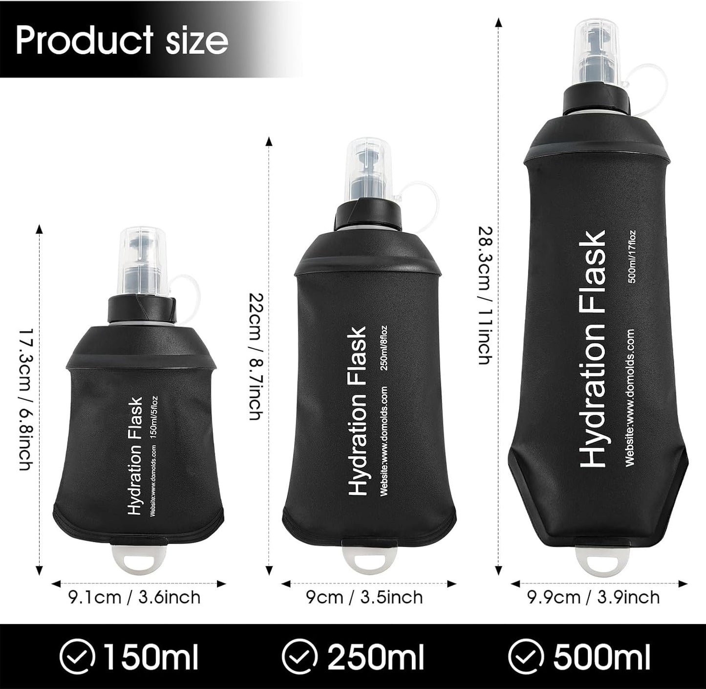 GYGYL Soft Flask, TPU Collapsible Soft Water Bottle for Hydration Pack, Running Vest, Leak-Proof Folding Water Bottle for Hiking Cycling Climbing Jogging-150ml Black, 2pcs