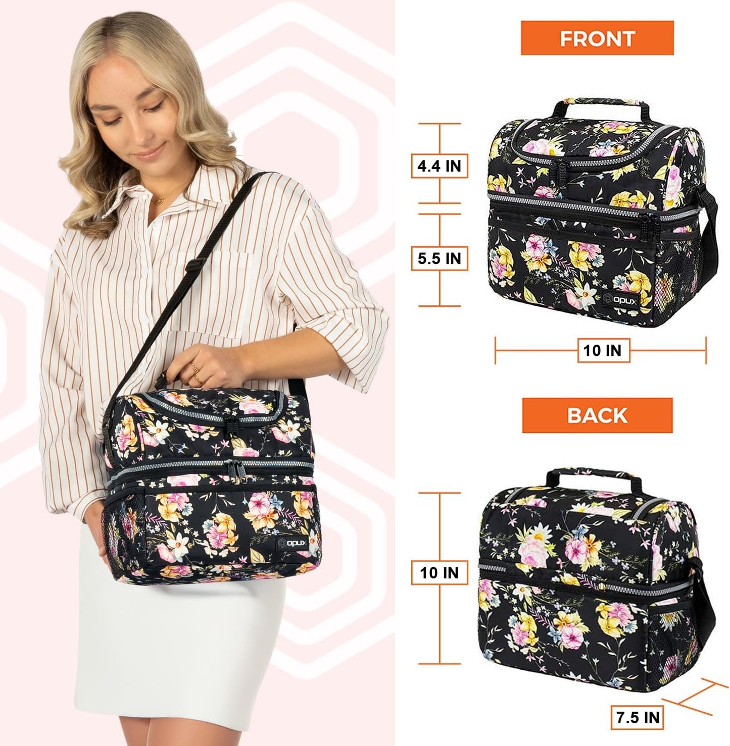 OPUX Lunch Box For Women, Insulated Large Lunch Bag Adult Work, Double Decker Lunchbox Meal Prep, Dual Compartment Leakproof Lunch Cooler, Soft Lunch Pail Tote for Girls Kids School, Floral Black 12L