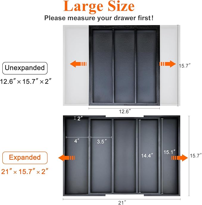 Expandable Large Kitchen Utensil Drawer Organizer Storage Black Bamboo - Image 2