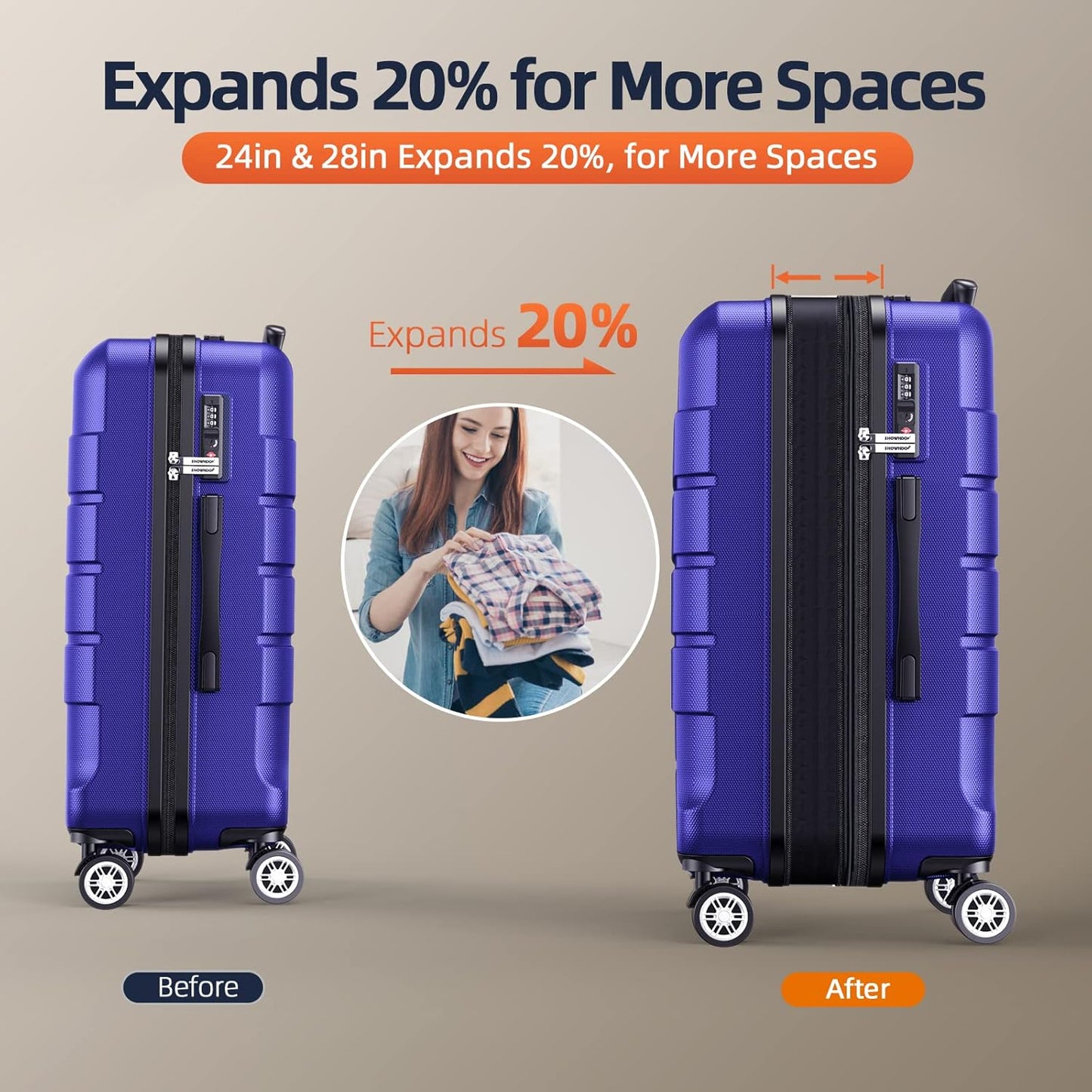 SHOWKOO Luggage Sets Expandable PC+ABS Durable Suitcase Sets Double Wheels TSA Lock 4 Piece Luggage Set Royal Blue