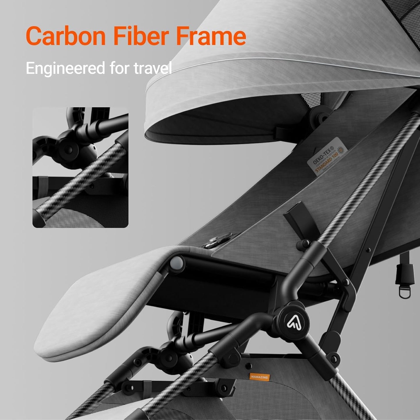 Lightweight Baby Travel Stroller with Carbon Fiber Frame, Compact & Airplane-Friendly, One-Handed Folding Design, 11.6 lbs, Perfect for Toddlers, Organizer & Cushion Included, Grey