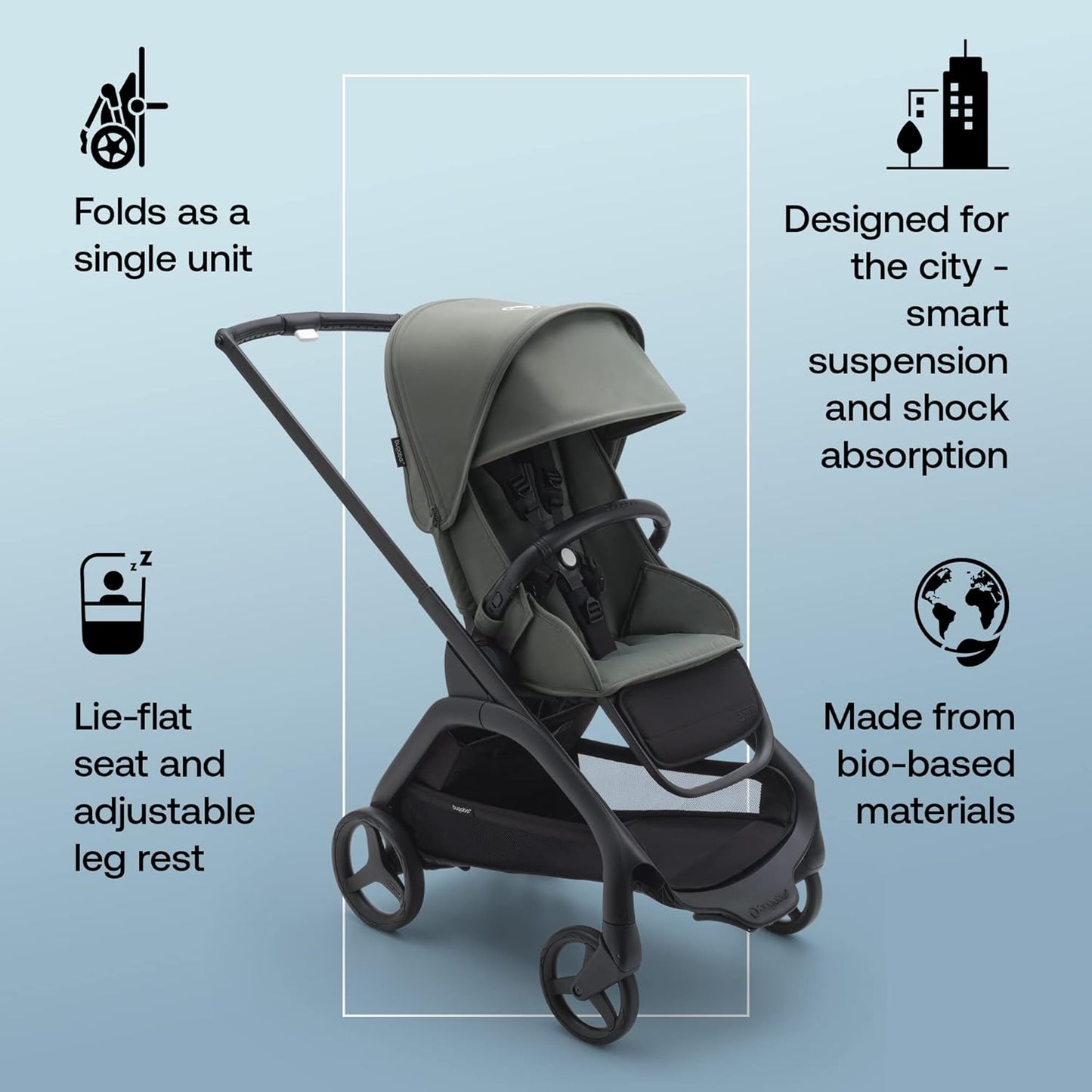 Bugaboo Dragonfly City Stroller, Lightweight Compact Baby Stroller with One Hand Easy Fold in Any Position, Full Suspension, XL Underseat Basket, Black Chassis and Forest Green Sun Canopy