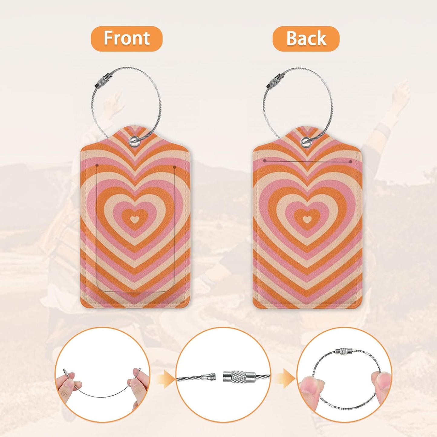 Retro Heart 70s 80s Luggage Tags Bag Tag with Privacy Cover Name Id Card Stainless Steel Loop Suitcase Labels Pu Leather Baggage Tags for Travel,2 Pcs
