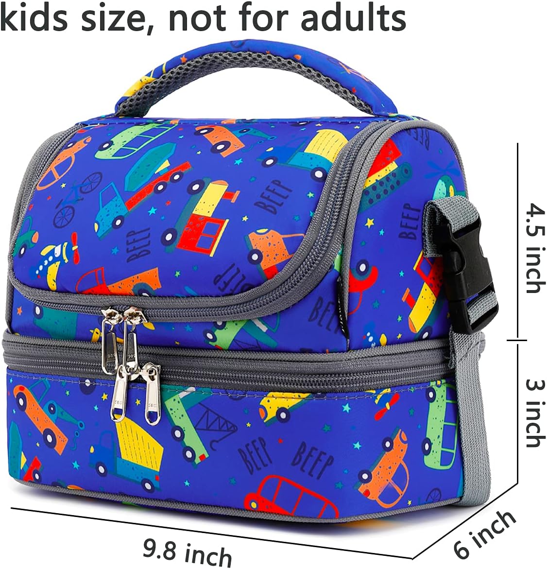 FlowFly Kids Double Decker Cooler Insulated Lunch Bag Large Tote for Boys, Girls, Men, Women, With Adjustable Strap, Car