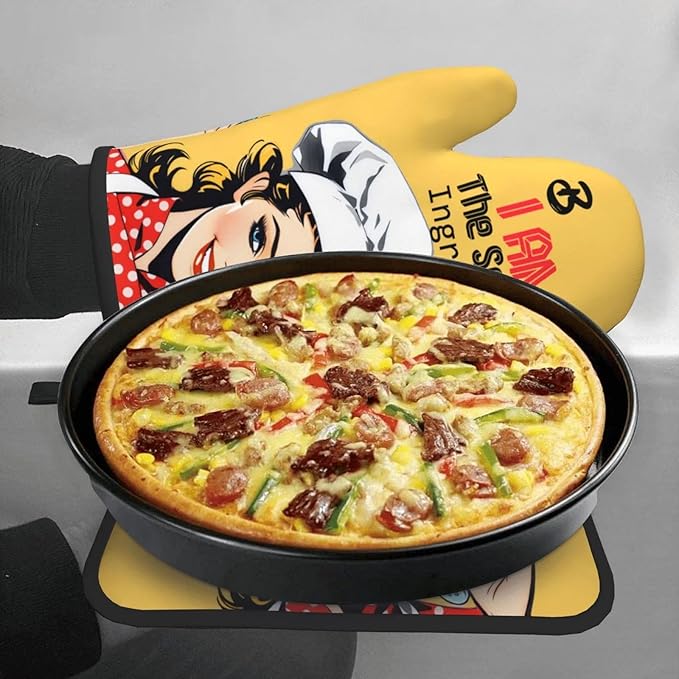 Cute Yellow Retro Chef Humorous Oven Mitts & Pot Holders Set of 3, Heat - Image 4
