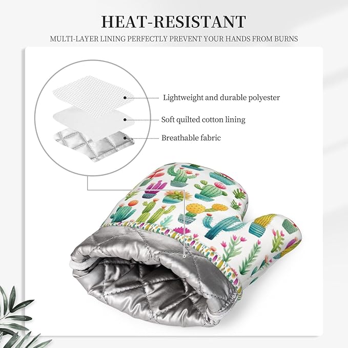 Oven Mitts and Pot Holders Set, Cactus Pattern Watercolor Silicone Kitchen - Image 4