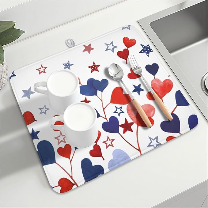 4th of July Dish Drying Mat for Kitchen Counter Patriotic Red Blue Star Love - Image 8