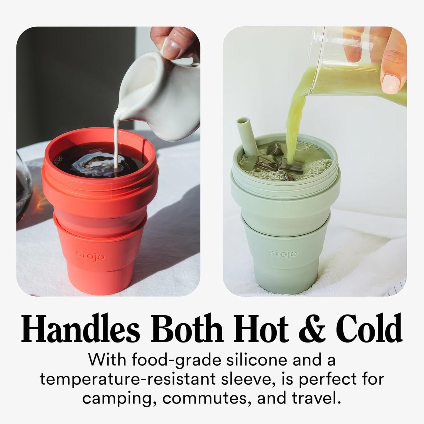 STOJO Titan Collapsible Travel Cup With Straw - Cashmere Gray, 24oz / 710ml - Reusable To-Go Pocket Size Silicone Cup for Hot & Cold Drinks - Camping and Hiking - Microwave & Dishwasher Safe