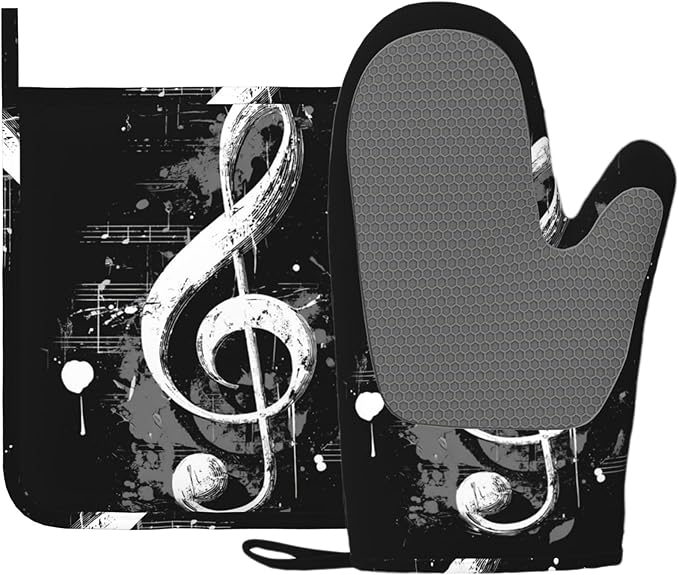 Black Notes Oven Mitts and Pot Holders Sets Non-Slip Silicone Surface by Unknown