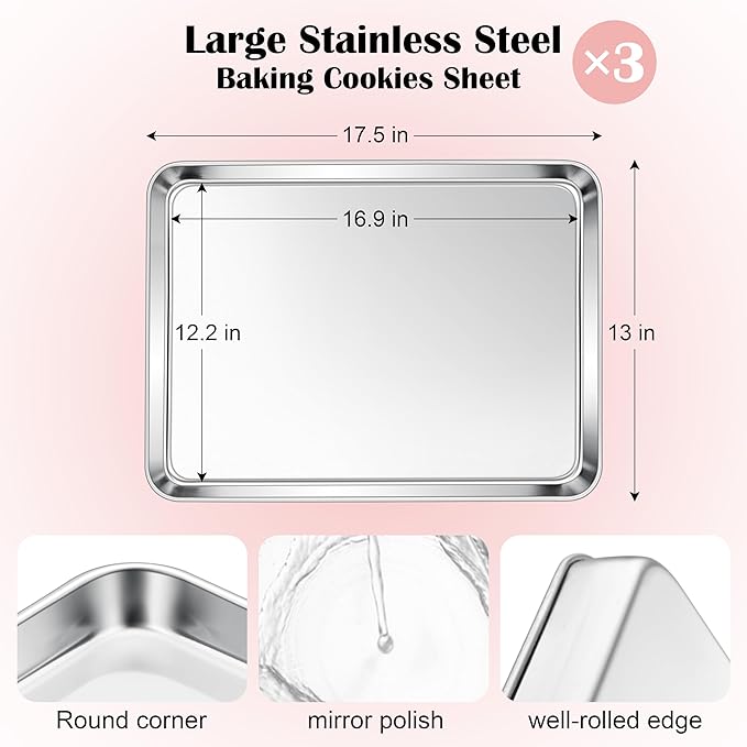 E-far Cookie Sheets Set of 3, 18”x13” Stainless Steel Baking Sheet Pans - Image 2