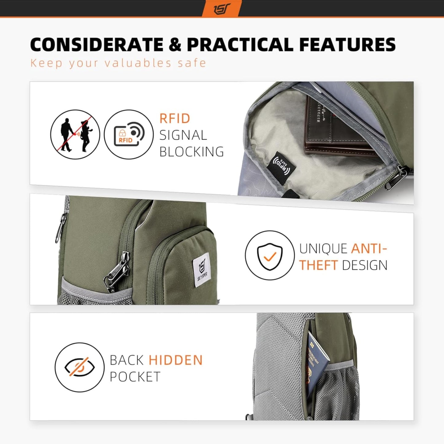 SKYSPER Sling Bag RFID Crossbody Sling Backpack Cross Body Shoulder Bag Travel Hiking Daypack for Women Men