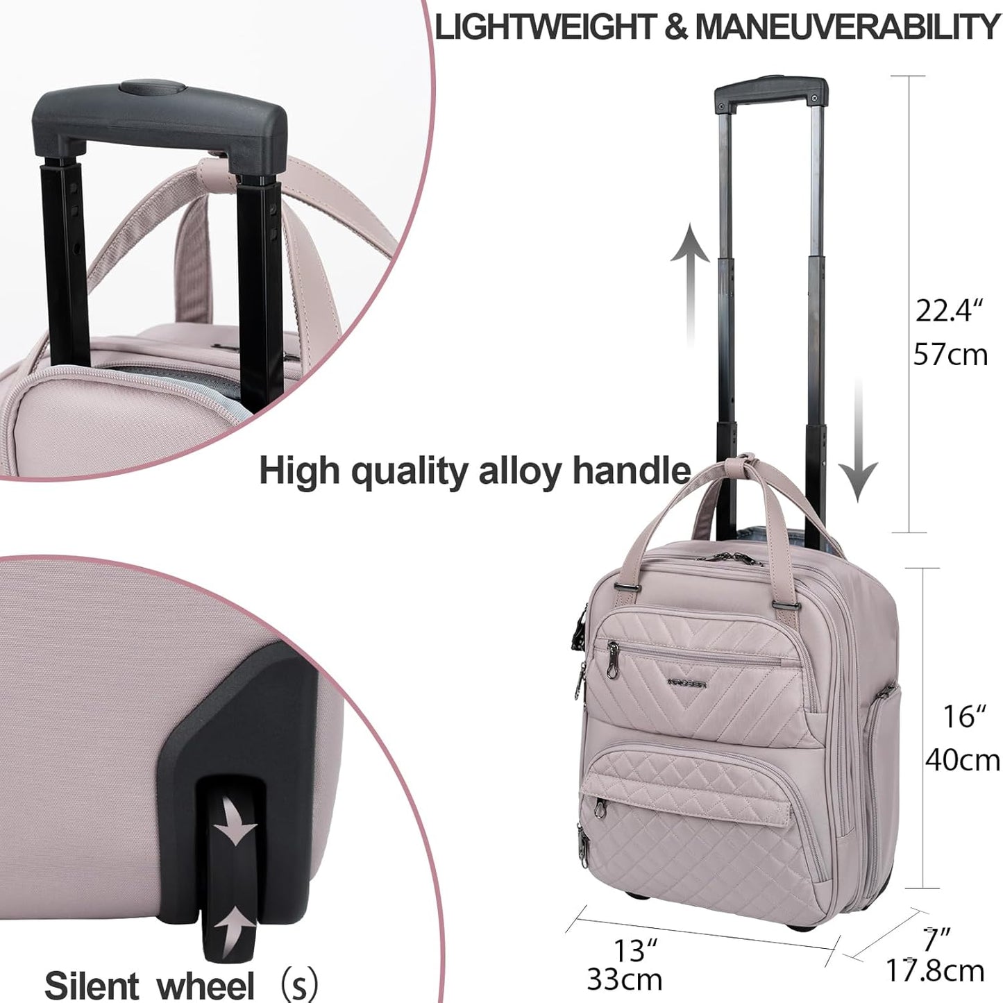KROSER Carry On Underseat Multi-functional, 16-inch Underseater Lightweight Overnight Suitcase for Women, Dusty Pink