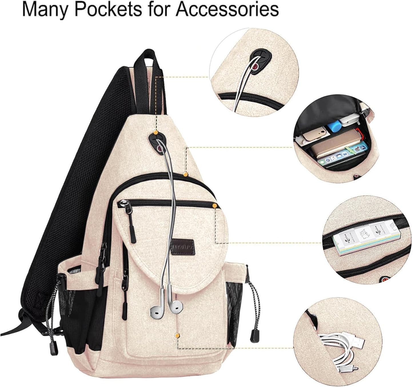 MOSISO Sling Backpack,Canvas Crossbody Hiking Daypack Bag with Anti-theft Pocket, Beige