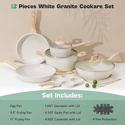 13 Pcs Pots and Pans Set, Nonstick Cookware Sets White Granite Induction - Image 2
