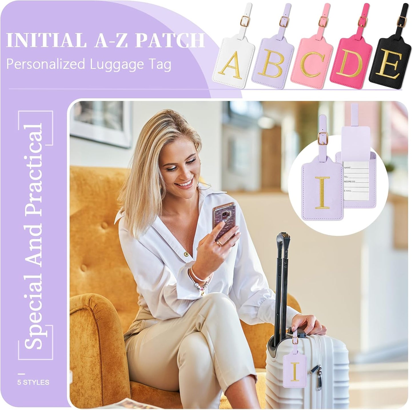 Personalized Initial Luggage Tags for Suitcase, Purple Leather Cute Luggage Tags with Privacy Cover Name Card, Embroidered Custom Monogrammed Luggage Tag Travel Backpack Tags Gifts for Women Kids(I)