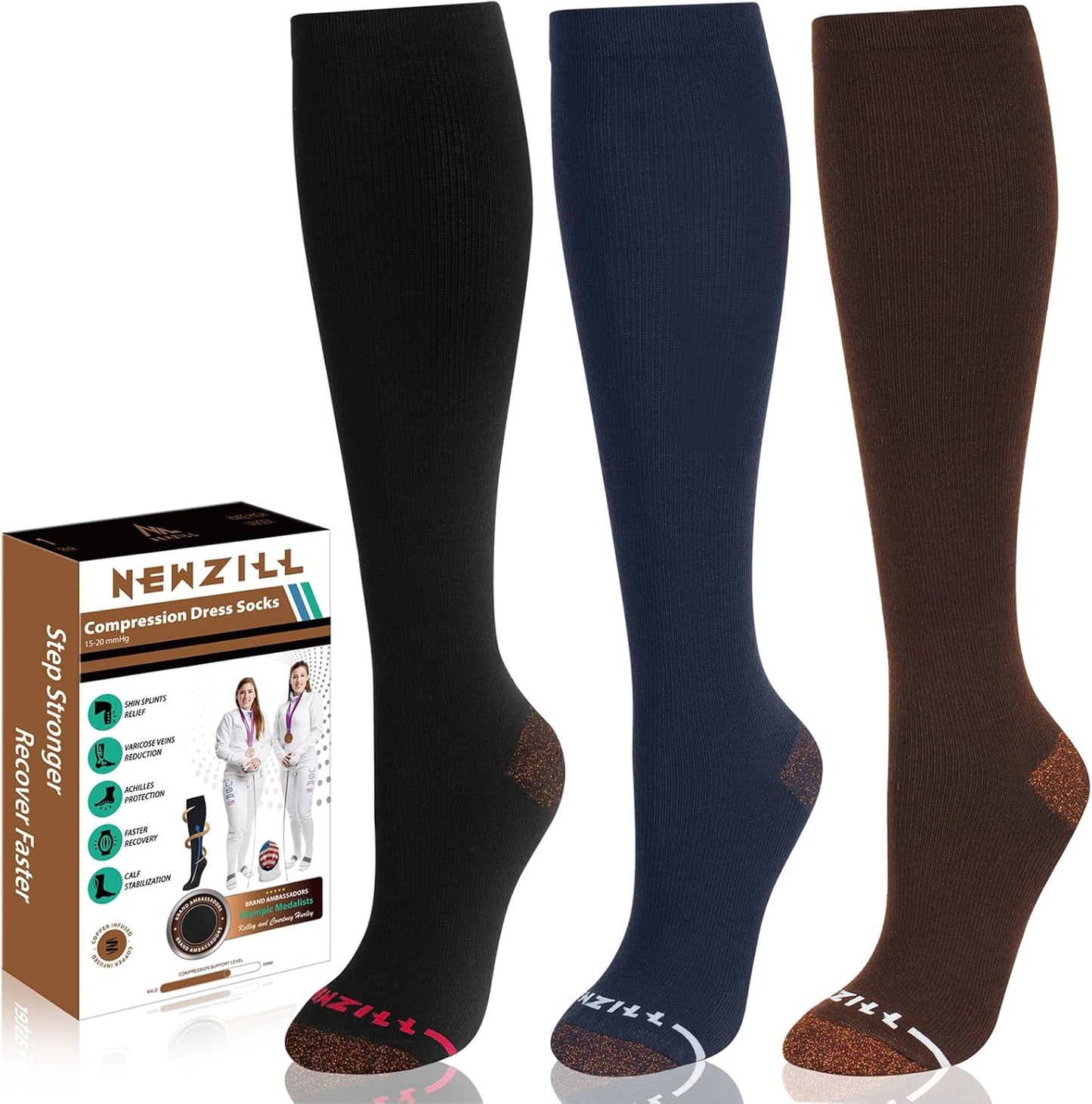 NEWZILL Copper Compression Socks for Women & Men 15-20mmHg Cotton Rich Odor Control Dress Socks for Business Casual Running Medical Athletic Support, Edema Diabetic Relief