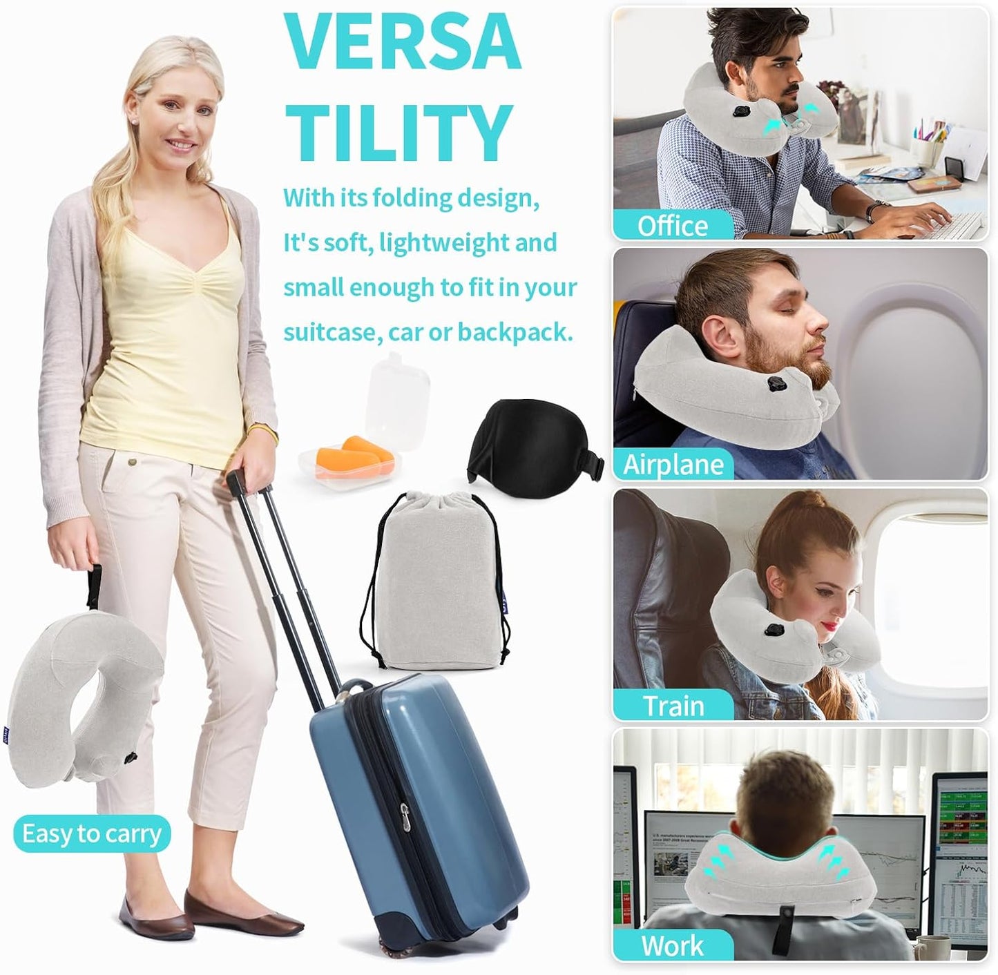 2 Pack Inflatable Travel Neck Pillows for Airplanes, Head Support Velvet Adult Neck Pillows for Long Flight, Kit with Eye Mask, Earplugs and Storage Bag, 2, Light Gray