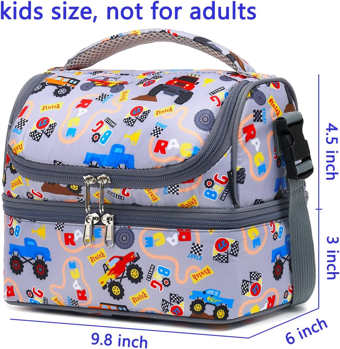 FlowFly Double Decker Cooler Insulated Lunch Bag Large Tote for Boys, Girls, Men, Women, With Adjustable Strap (Truck)