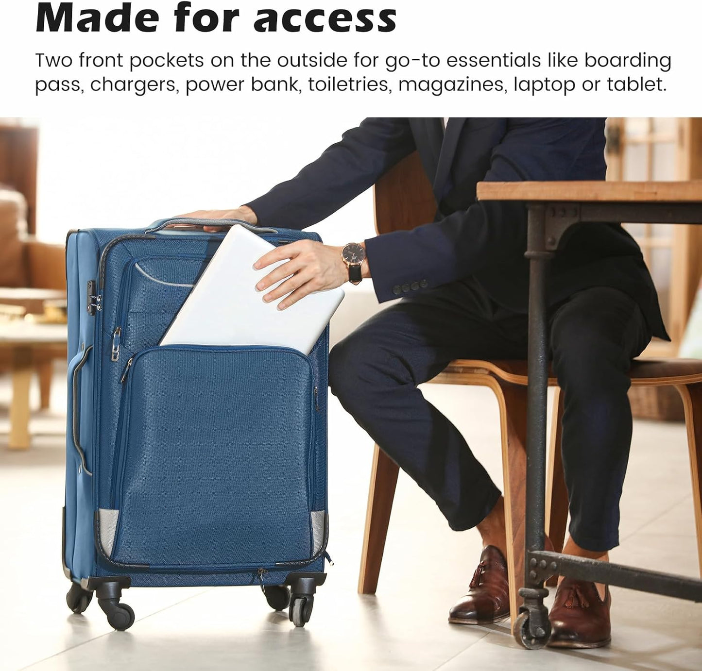 Coolife Luggage 4 Piece Set Suitcase Spinner TSA Lock Softshell lightweight (blue+sliver)
