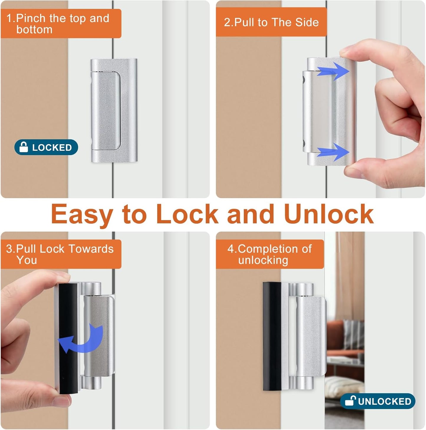 2 Pack Home Security Door Lock,Childproof Door Reinforcement Lock,with 3" Stop Withstand 800 lbs,for Inward Swing Doors,Night Kids Safety Metal Flip Lock Deadbolt Latch (Silver)