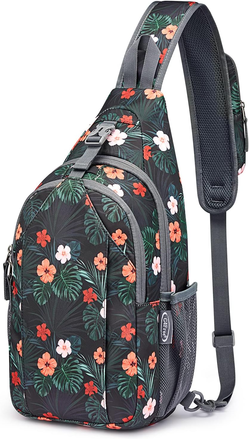 G4Free Sling Bag RFID Blocking Sling Backpack Crossbody Chest Bag Daypack for Hiking Travel(Black Base Floral)
