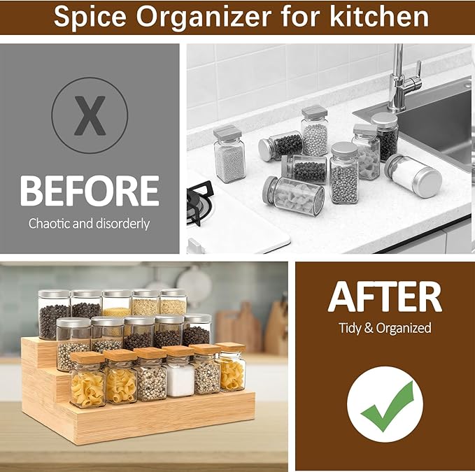 Bamboo Spice Rack for Cabinet, 3 Tier Spice Riser Shelf, 2 Pack Spices Stand - Image 2