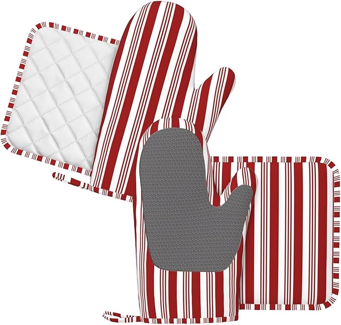 Abstract Red and White Striped Oven Mitts and Pot Holders Set - Image 2