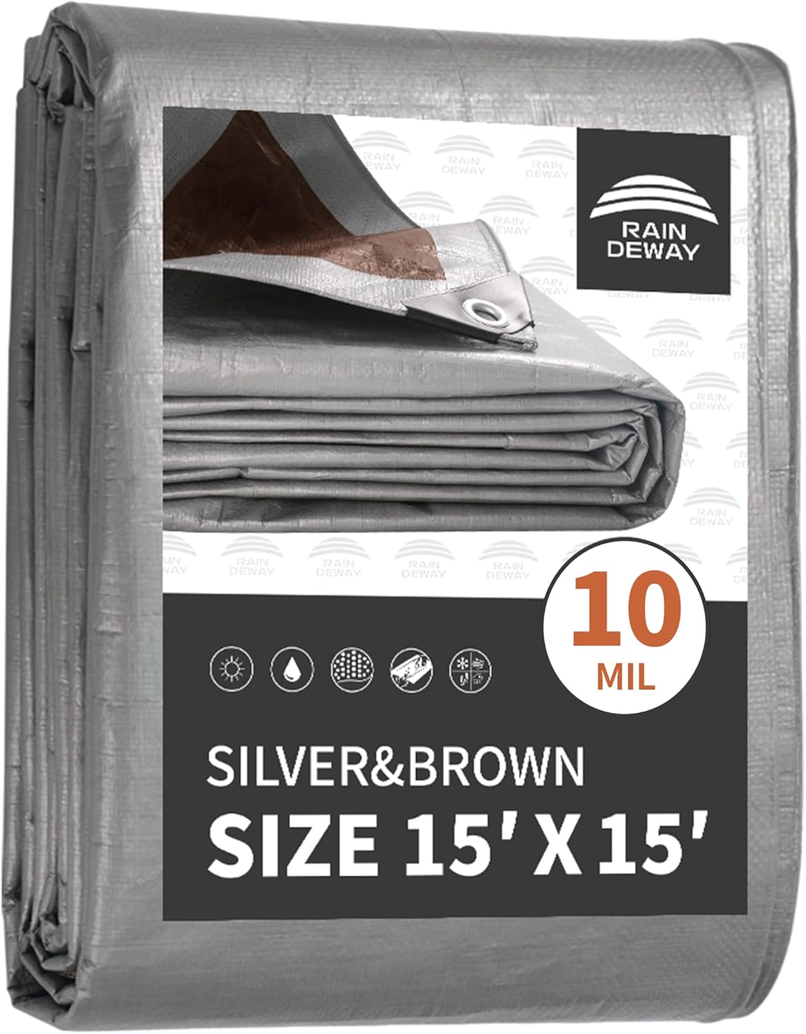 RAINDEWAY Tarps Heavy Duty Waterproof 15x15 Feet, 10Mil Multipurpose Poly Tarp Cover with Metal Grommets and Reinforced Edges, Silver/Brown Tarp