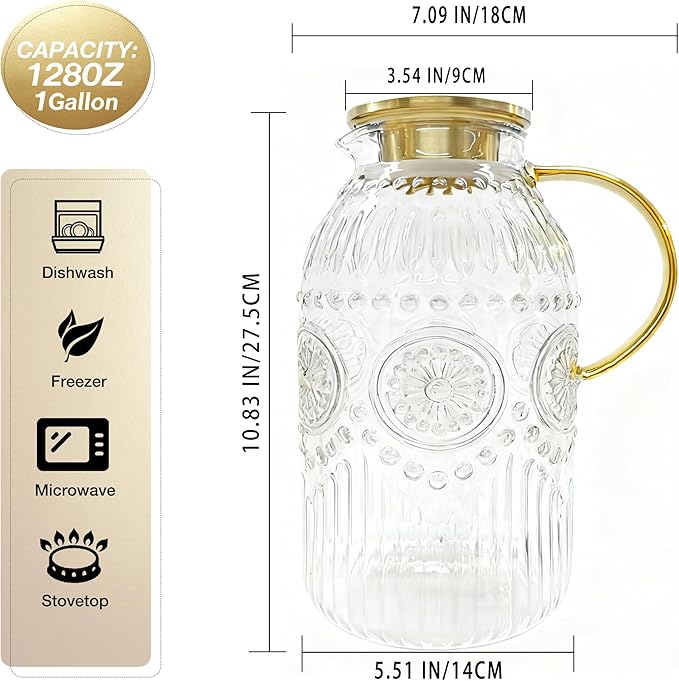 Amzcku Glass Pitcher with Lid, 101 oz/ 3 Liter Vintage Water Pitcher, Water - Image 2