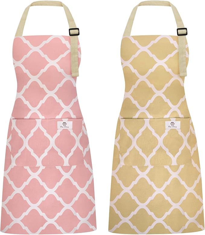 2 Pieces Aprons for Women with Pockets, Cotton Linen Waterproof Kitchen Cooking by Riqiaqia