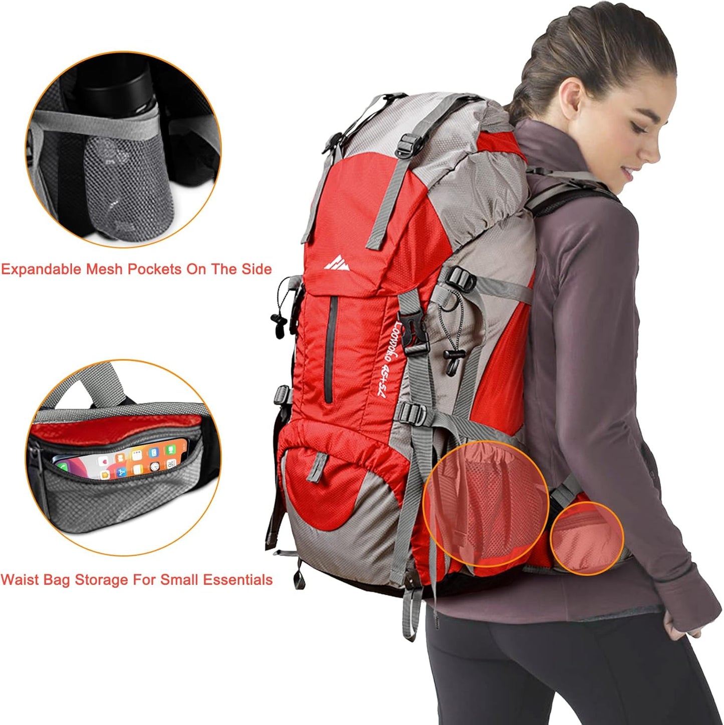 Loowoko 50L Hiking Backpack, Waterproof Camping Essentials Bag with Rain Cover, 45+5 Liter Lightweight Backpacking Back Pack