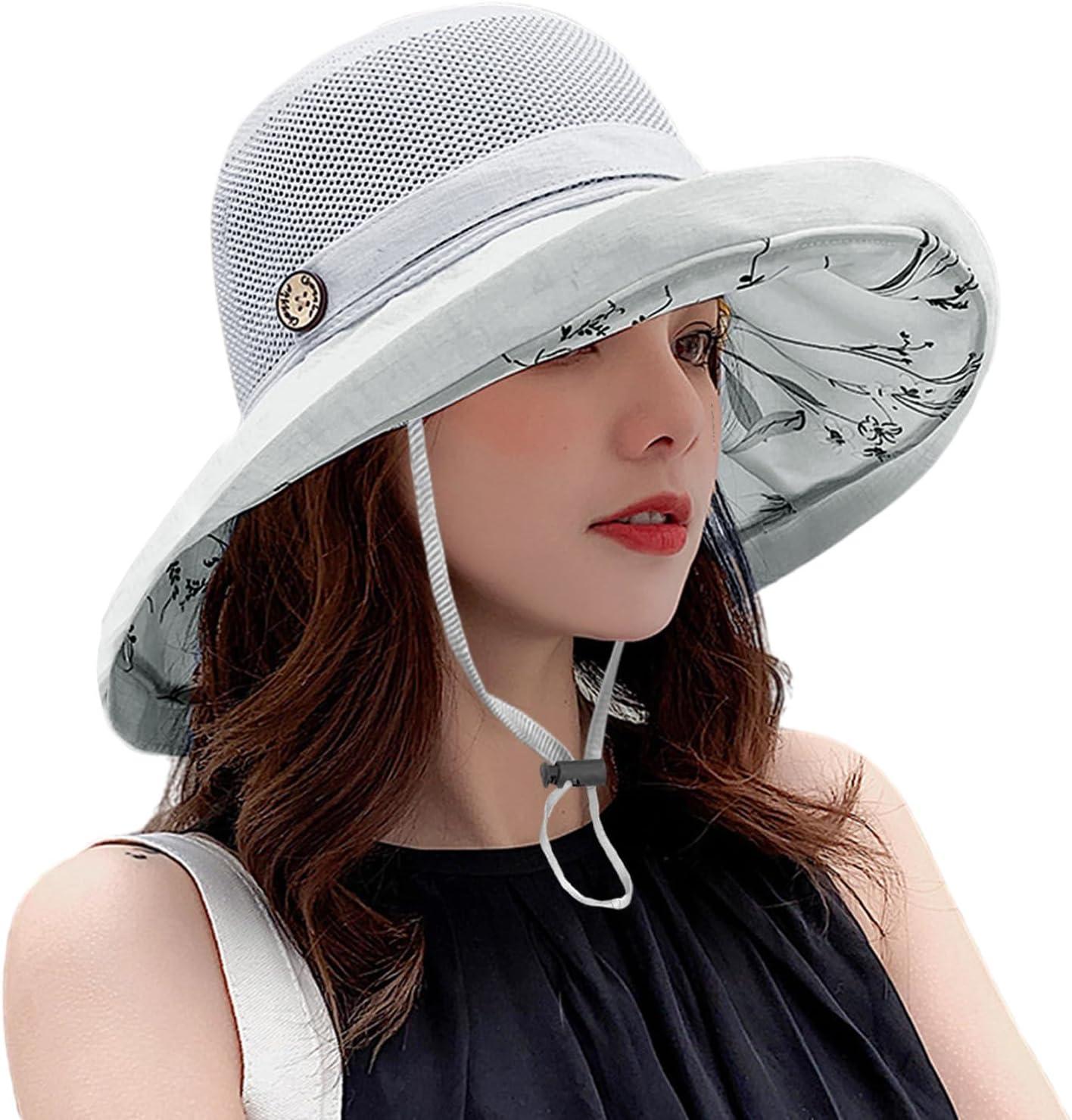 Women Wide Brim Sun Hats Metal Wired Edge Summer UV Protection Beach Fishing Hat for Hiking Garden Travel Chin Strap