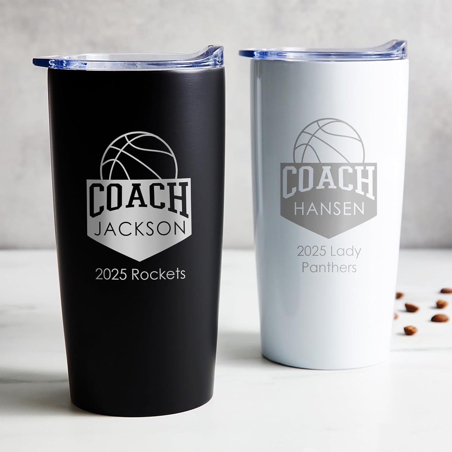 Lifetime Creations Personalized Basketball Coach Tumbler: Custom Basketball Coach Gift, Coaches Coffee Travel Mug from Team, Insulated Engraved Stainless Steel 20 Ounce Cup (White)
