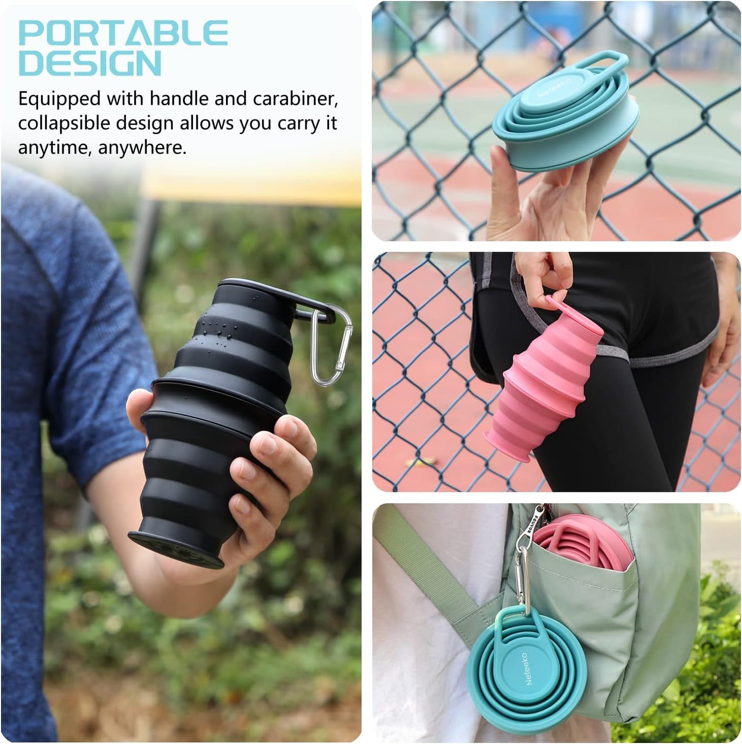 Nefeeko Collapsible Water Bottle,17oz(500ml) Reuseable BPA Free Silicone Foldable Water Bottles for Travel Gym Camping Hiking, Portable Leak Proof Sports Water Bottle with Carabiner