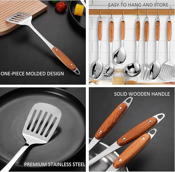 304 Stainless Steel Cooking Utensils Set, Solid Spoon, Skimmer Spoon, Spaghetti - Image 5