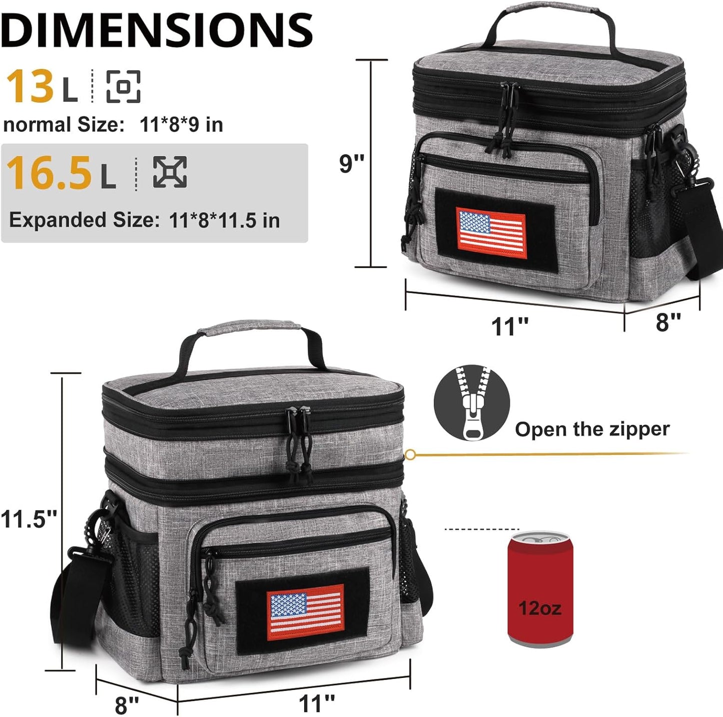 ATRIPACK Lunch Bag for Men, Double Deck Tactical Lunch Box Work with Shoulder Strap MOLLE Webbing Large Lunch Cooler Leakproof Insulated （Grey）