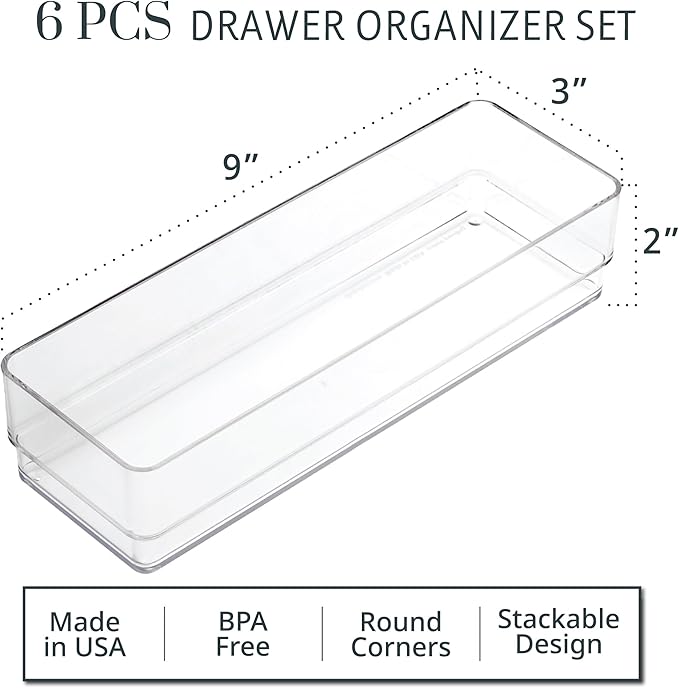 STORi SimpleSort 6-Piece Stackable Clear Drawer Organizer Set | 9" x 3" x 2" - Image 2