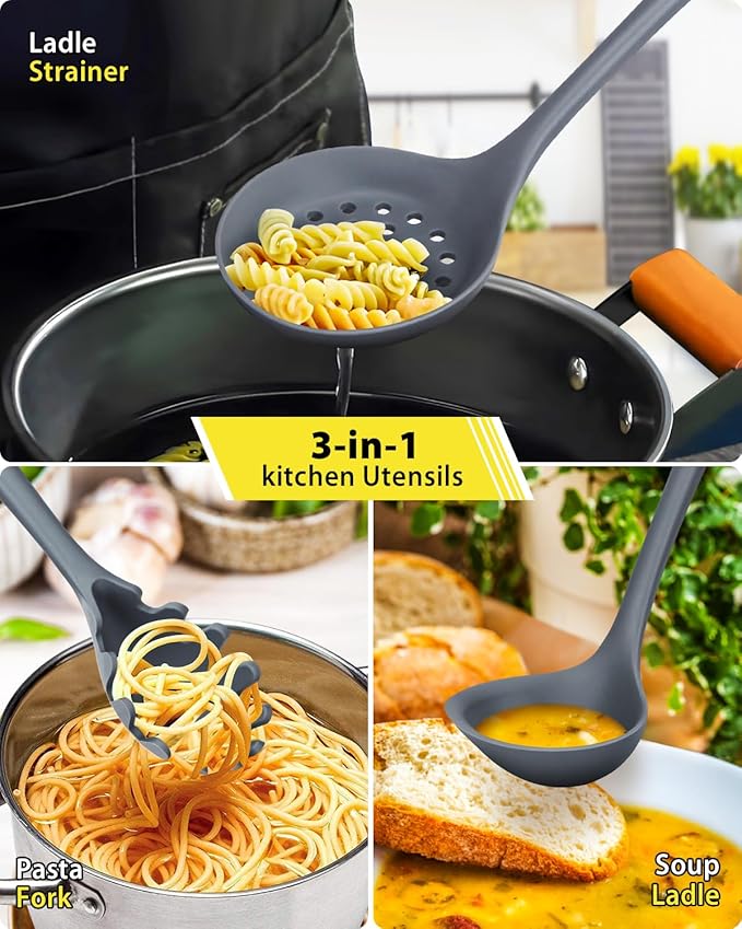 3 Pcs Silicone Kitchen Utensils Set, Soup Ladle-Pasta Fork-Slottede Spoon - Image 7