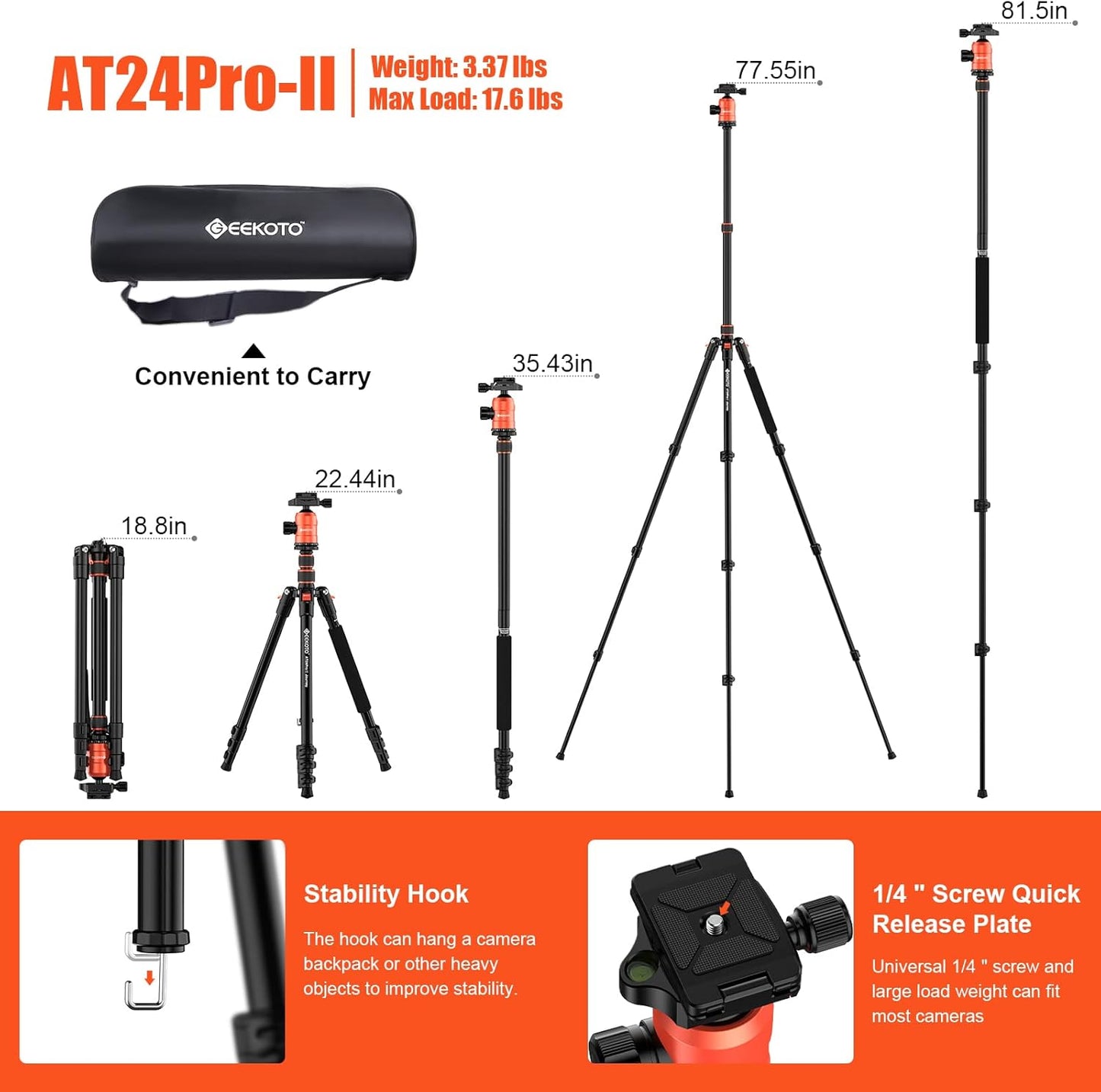 [Upgrade Version] GEEKOTO 77'' Aluminum Camera Stand & Monopod, Foldable Travel Gear with 360° Ball Head and Quick Release Plate for DSLR, Work, and Content Creation
