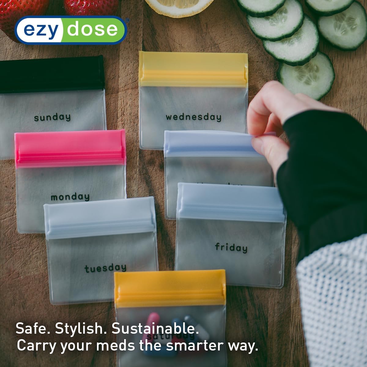 EZY DOSE Reusable 7-Day Pill Pouch Set, Durable Multi-Purpose Travel-Sized Baggies, Includes Days of The Week Labels w/Color for Easy Identification, Silicone Storage, Clear, BPA Free, TSA Approved