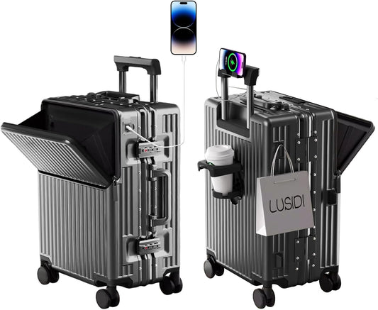 Hard Shell Luggage 24 Inch Travel Luggage, Carry-On Luggage Spinner TSA with Lid, ABS Aluminum Frame，Lightweight Travel Luggage 20'' 24'' 26''Carry-On (upgraded grey, 24 inch)