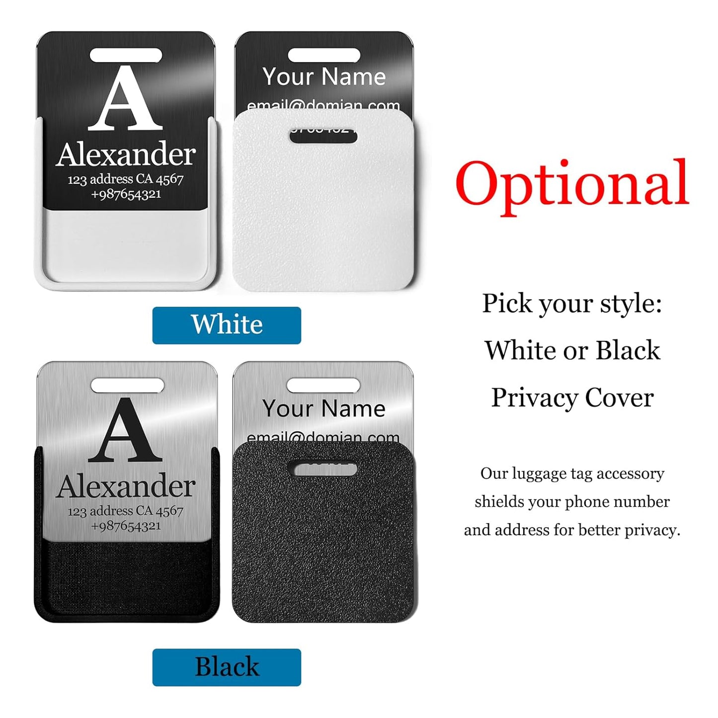 Stainless Steel Personalized Luggage Tags for Suitcases - Custom Name ID Travel Tags for Luggage, Backpacks and Bags - Metal Travel Essentials Accessories for Kids, Women and Men - Bulk Set (4 Pack)