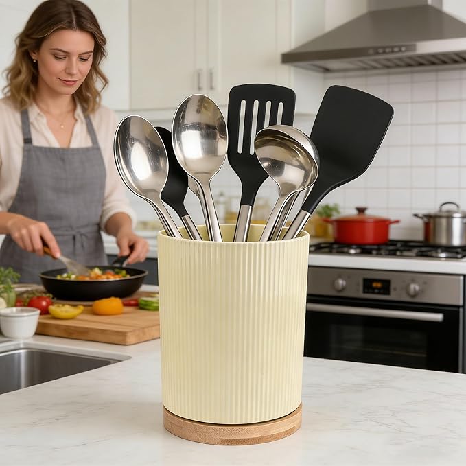 QUELIEN Utensil Holder, 360° Rotating Ceramic Kitchen Utensil Holder - Image 3