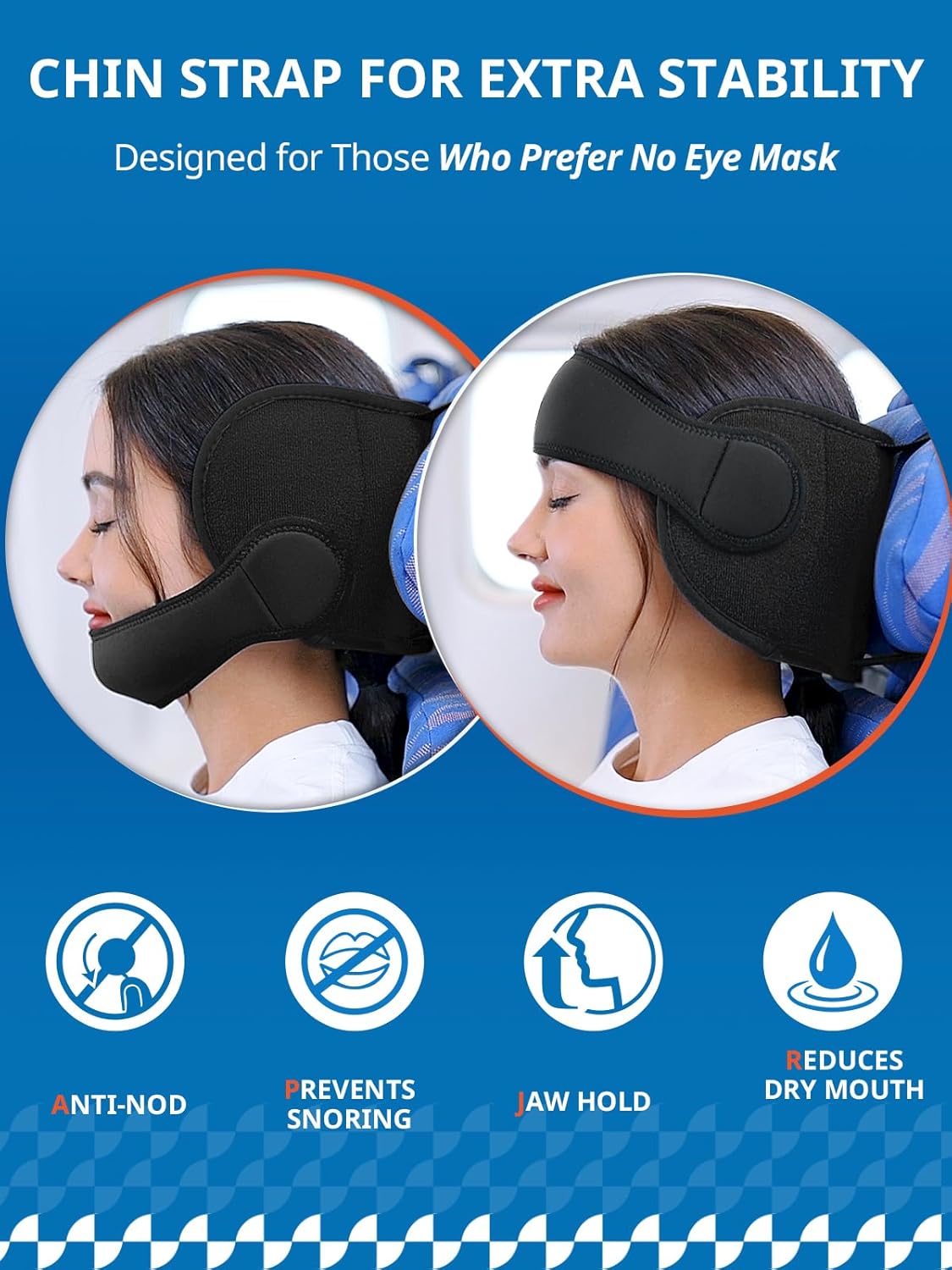 Travel Pillow Combo with Chin Strap, Airplane Pillows with 3D Eye Mask for Sleeping, 360° Support Plane Head Strap for All Plane Seats, Long Flights Essentials, Stop Bobblehead, Black
