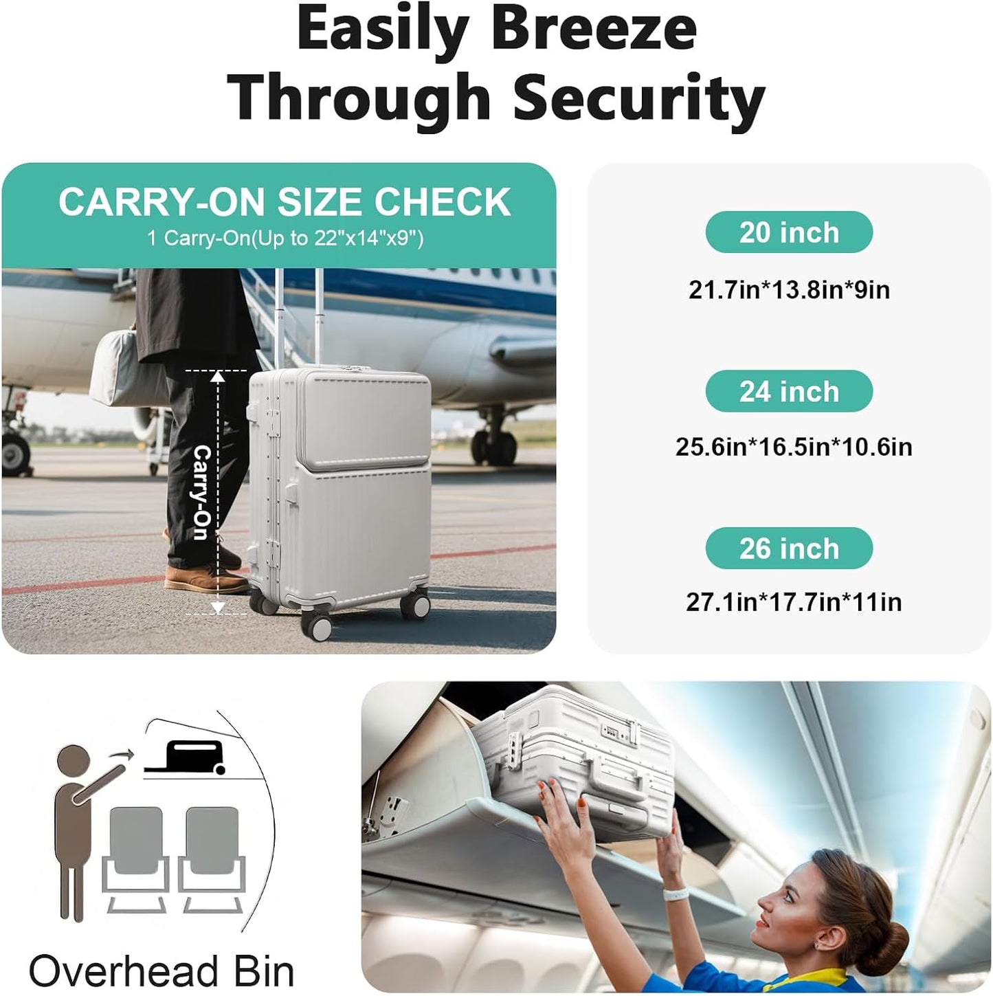 Hard Shell Luggage 20 Inch Travel Luggage, Carry-On Luggage Spinner TSA with Lid, PC+ABS Aluminum Frame，Lightweight Travel Luggage 20'' 24'' 26''Carry-On (upgraded white, 20 inch)