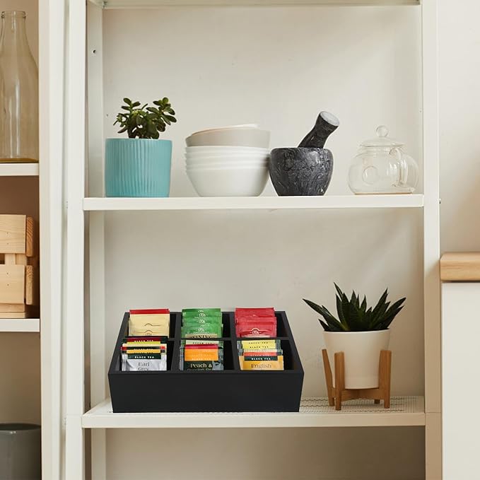 Tea Bag Box Wood Black 6 Compartments Tea Bag Organizer Drawer Storage - Image 3