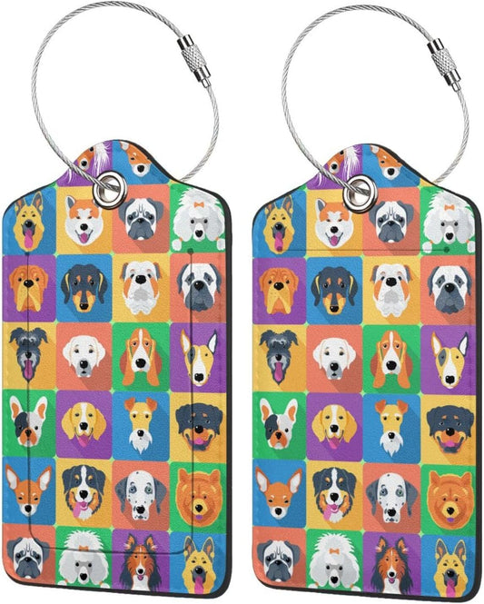 2 Pack Luggage Tags for suitcases Funny Cute Color Dog Luggage Tag, Leather Stainless Steel Loop Label Tag for Men Women Travel Bag Suitcase(Dog)